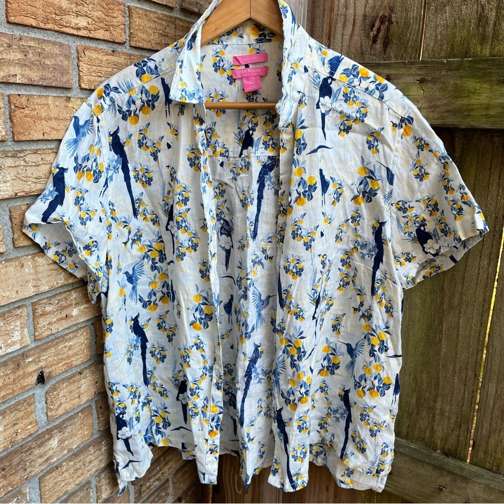 Isaac Mizrahi Blue and Yellow Floral Women's 100% Linen Button Down Shirt